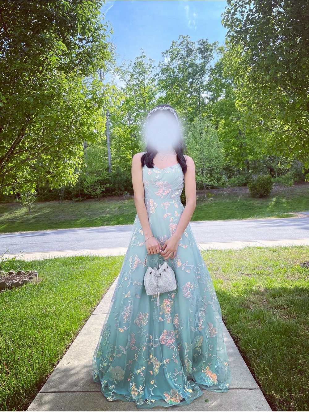 Girls Mint Green Floral Embroidered Ball Gown Dress